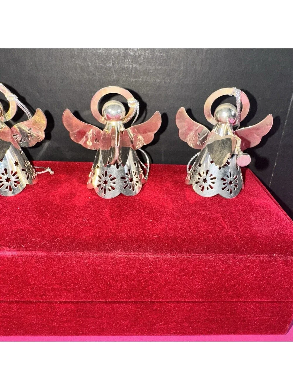 4 Vintage Silver Metal Angel Ornaments Red Velvet Box Christmas Holiday Decor